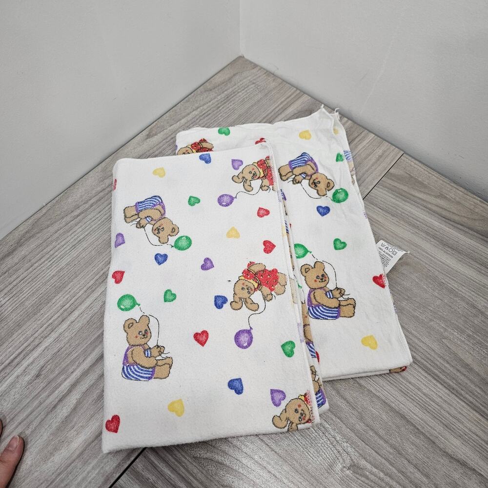 2 Made in USA White Baby Blanket Bears Rabbits Holding Balloons Red Blue 90s